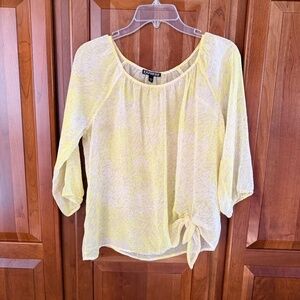 Express sheer, tie front blouse in yellow and white pattern women's XS